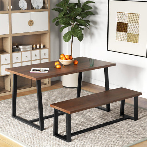 Wood Dining Bench with Metal Frame and Adjustable Footpads-Black
