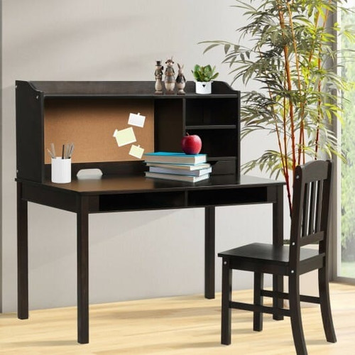 Kids Desk and Chair Set Study Writing Desk with Hutch and Bookshelves-White