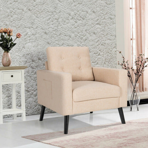 Mid-Century Upholstered Armchair Club Chair with Rubber Wood Legs-Gray