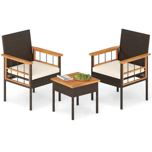 3 Piece Wicker Furniture Set with Acacia Wood Tabletop and Armrest for Balcony-White