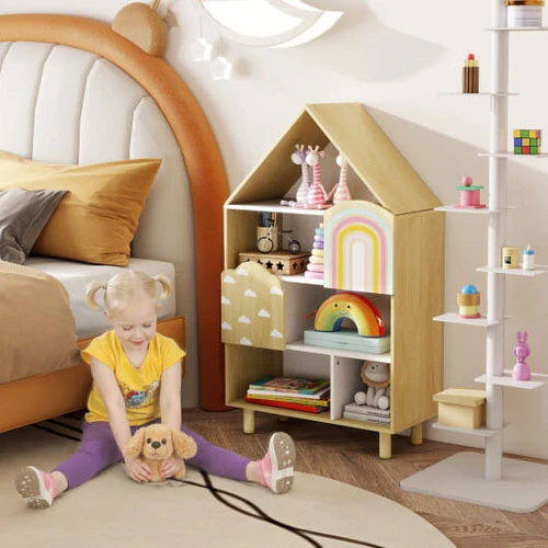 Kids Dollhouse Bookshelf House-shaped Bookcase Children Toy Storage Organizer-Natural