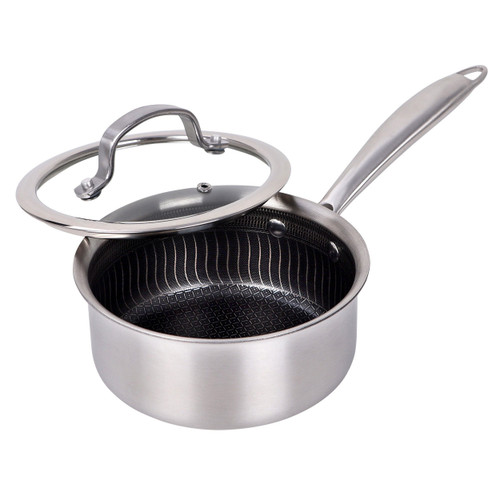 Brentwood 1.5 Quart 3-Ply Hybrid Non-Stick Stainless Steel Saucepan with Tempered Glass Lid