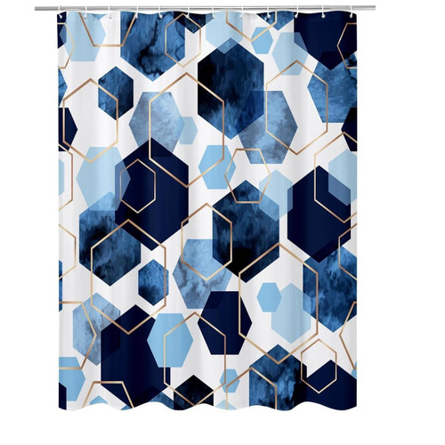 72"W x 72"H Blue White Hexagon Geometric Pattern Polyester Shower Curtain
