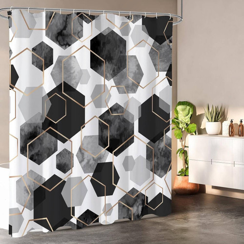 72"W x 84"H Black White Hexagonal Pattern Polyester Shower Curtain