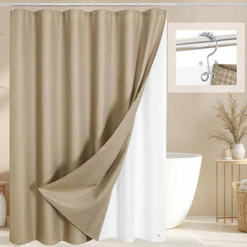 72"W x 84"H Beige Waffle Textured 3 in 1 Shower Curtain Set
