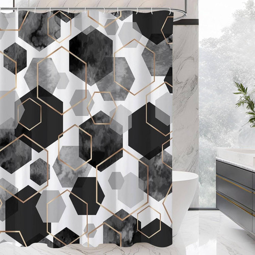 72"W x 78"H Black White Hexagonal Pattern Polyester Shower Curtain