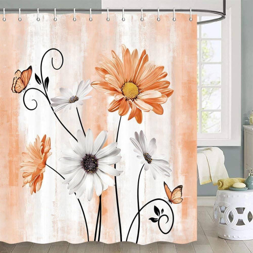 72"W x 72"H Orange Vibrant Floral Butterfly Polyester Shower Curtain