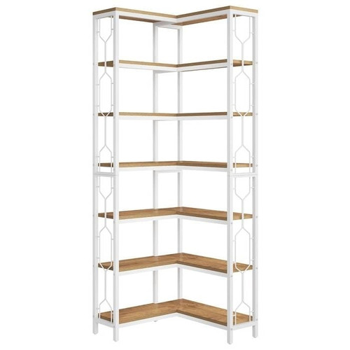 Industrial 7-Tier Metal/Wood Corner Bookcase in White/Natural