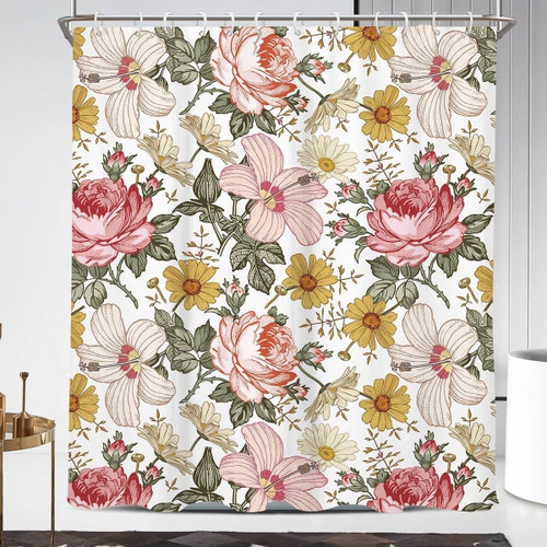 72"W x 72"H Vintage Floral Peony Pink Polyester Shower Curtain