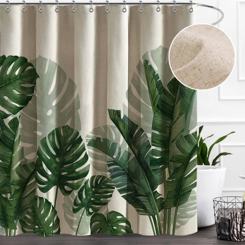 72"W x 72"H Tropical Green Leaves Linen Polyester Blend Shower Curtain