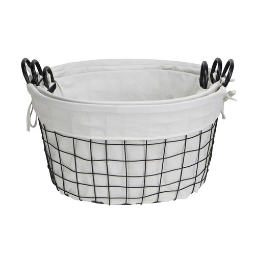 Set Of Three Black Oval Wire Baskets with White Fabric Liners and Handles