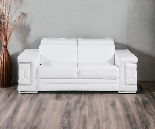 71" White And Silver Genuine Leather Love Seat