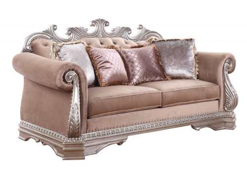 80" Champagne Velour Loveseat and Toss Pillows