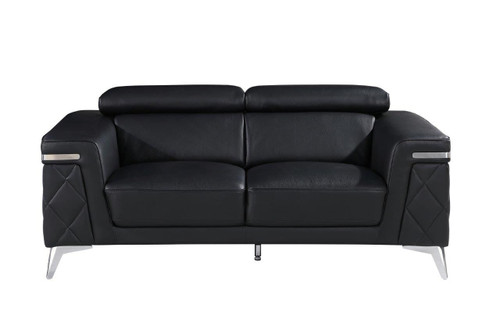70" Black And Silver Metallic Top Grain Leather Loveseat