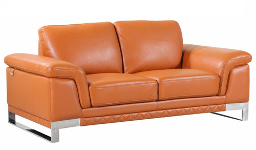73" Camel And Silver Genuine Leather Loveseat