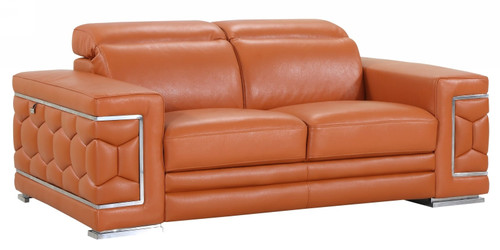 71" Camel And Silver Genuine Leather Love Seat