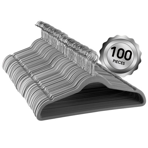 100 Piece Set of Velvet Slim Profile Heavy Duty Felt Hangers with Stainless Steel Swivel Hooks in G