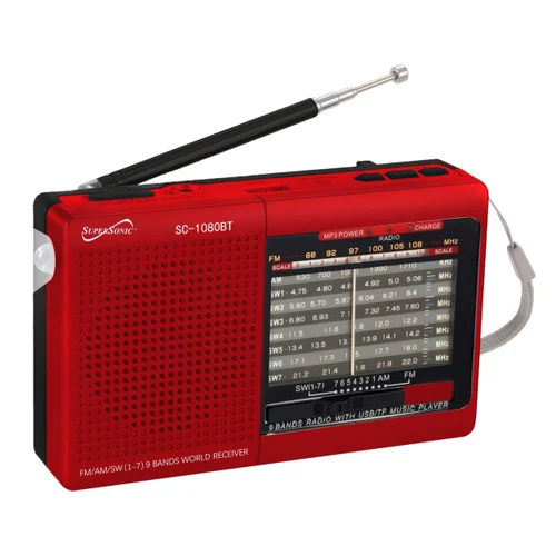 Supersonic 9 Band Radio with Bluetooth in Red