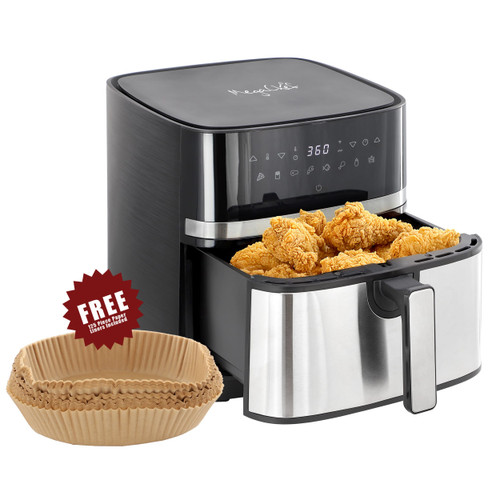 MegaChef 8.5 Quart Bundle Electric Air Fryer in Black and Stainless Steel with 125 Piece Paper Line
