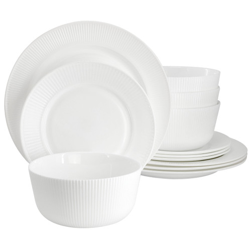 Ultra by Gibson Swanton Stripe 12 Piece Break-Resistant Opal Glass Dinnerware Set in White