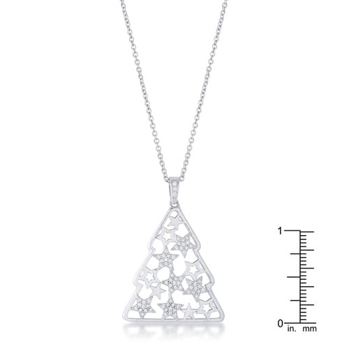 .2 ct CZ Rhodium Christmas Tree With Mixed Stars Pave Holiday Pendant