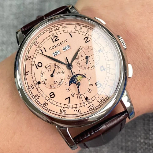 Color: Orange - Corgeut 42mm Automatic Men's Watch Date Day Month Year Rose Gold Dial Multifunction