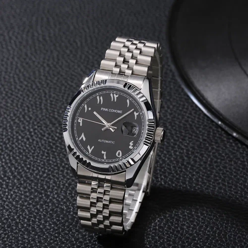 Color: Red - Luxury Steel Arabic Numbers Watches Automatic Movement Urdu Numerals Mechanical Wristw