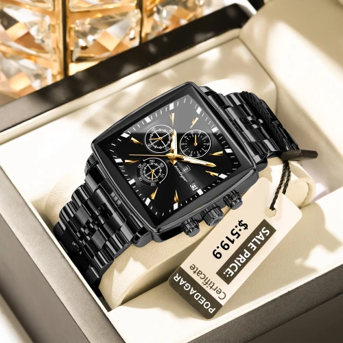POEDAGAR Business Men Clock Waterproof Luminous Calendar Chronograph Square Man Watch Stainless Ste