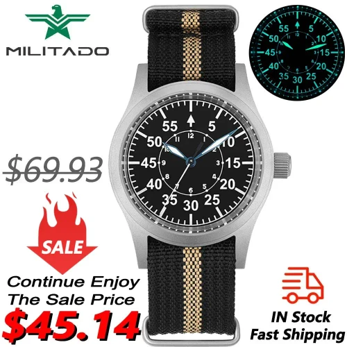 Color: Silver - Militado ML05 Military Watch VH31 Quartz Movement Domed Sapphire Crystal Wristwatch