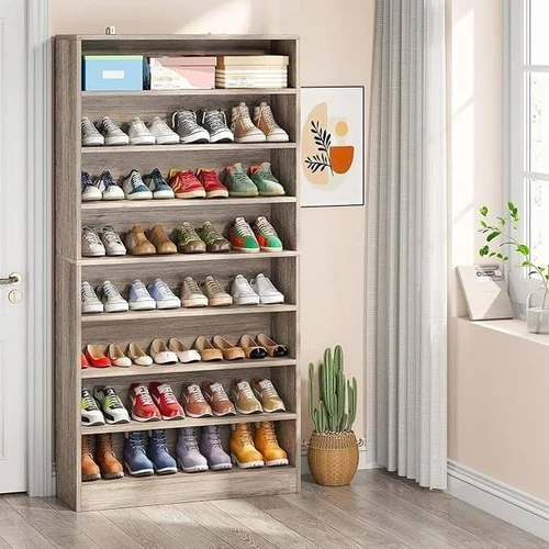 8-Shelf Shoe Rack Storage Cabinet in Grey Wood Finish - Holds Up To 45 Pairs