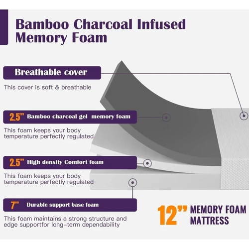 Full size 12-inch Charcoal Infused Memory Foam Mattress with Removable Cover
