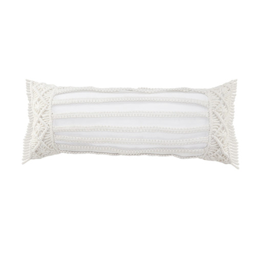 14" X 36" White Textured Indoor Outdoor Throw Pillow With Fringe