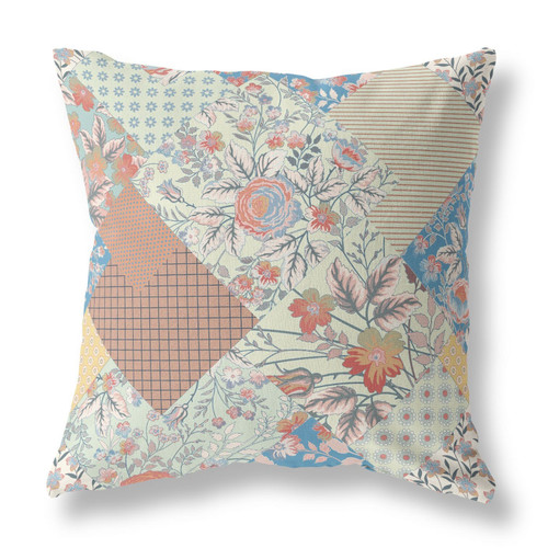20" Cream Red Boho Floral Indoor Outdoor Throw Pillow