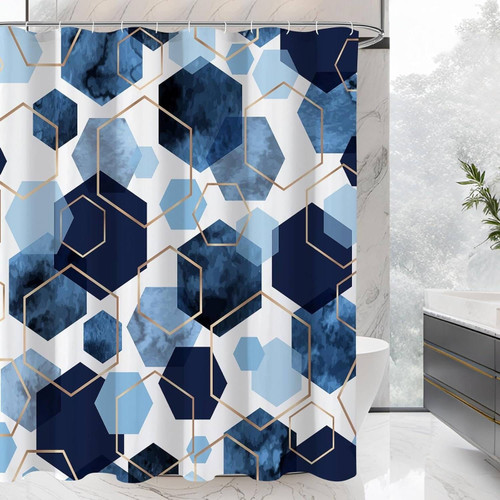 72"W x 72"H Blue White Hexagon Geometric Pattern Polyester Shower Curtain