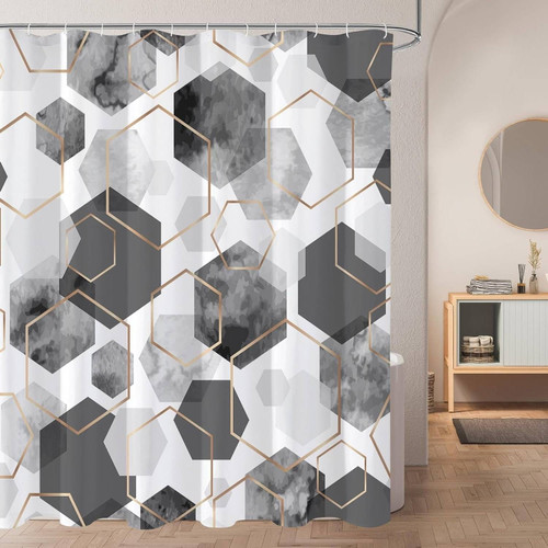 72"W x 84"H Gray White Geometric Hexagon Pattern Polyester Shower Curtain