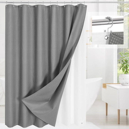72"W x 78"H Grey Waffle Textured 3 in 1 Shower Curtain Set