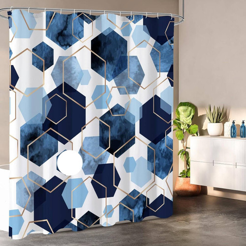 72"W x 78"H Blue White Hexagon Geometric Pattern Polyester Shower Curtain