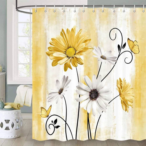 72"W x 72"H Yellow Vibrant Floral Butterfly Polyester Shower Curtain