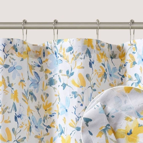 72"W x 72"H 100-Percent Cotton Yellow Blue Floral Print Shower Curtain