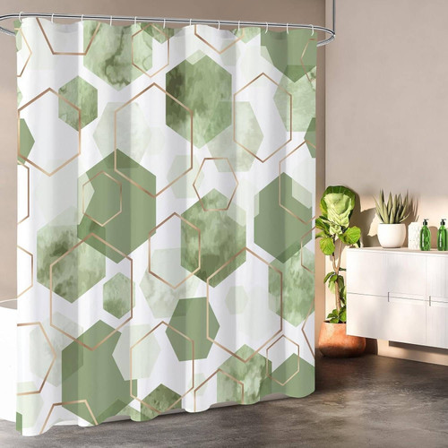 72"W x 84"H Abstract Green White Geometric Polyester Shower Curtain