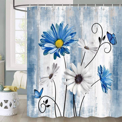 72"W x 72"H Blue Vibrant Floral Butterfly Polyester Shower Curtain