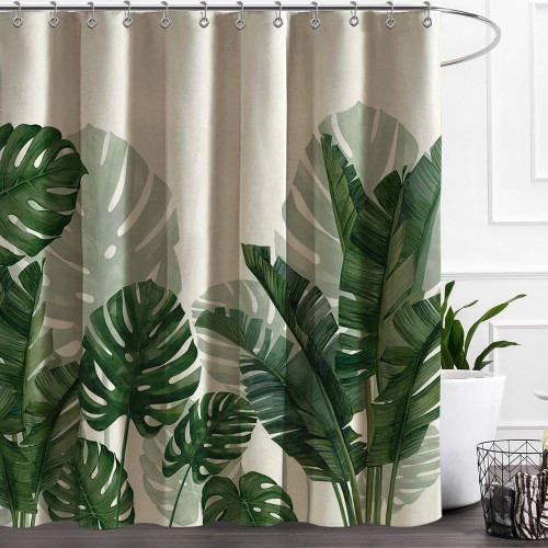 72"W x 84"H Botanical Green Leaf Linen Polyester Blend Shower Curtain