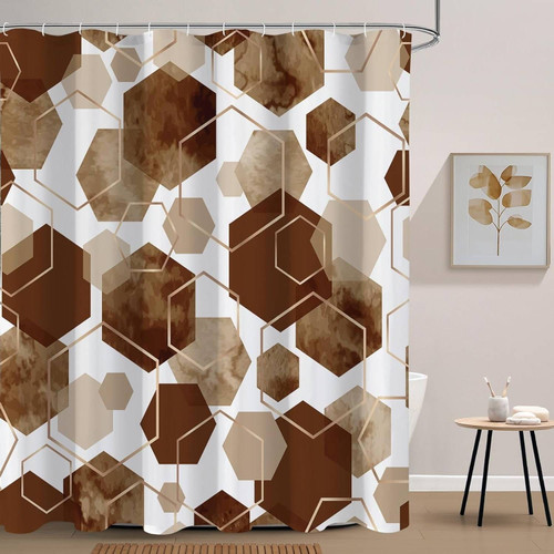 72"W x 72"H Brown White Hexagonal Pattern Polyester Shower Curtain