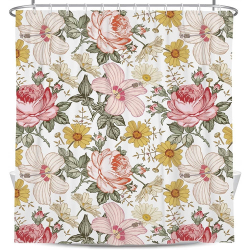 72"W x 72"H Vintage Floral Peony Pink Polyester Shower Curtain