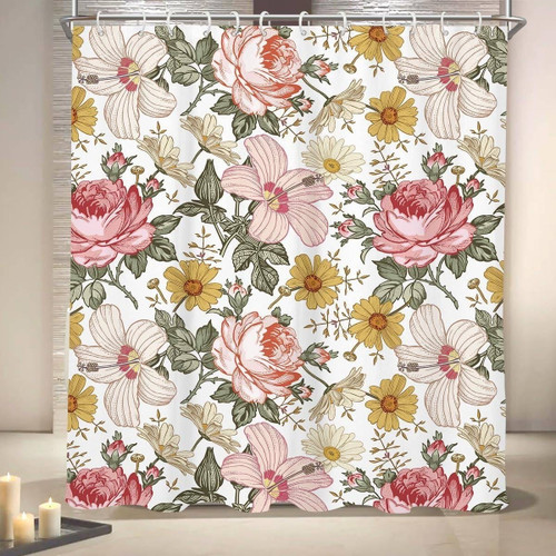 72"W x 72"H Vintage Floral Peony Pink Polyester Shower Curtain
