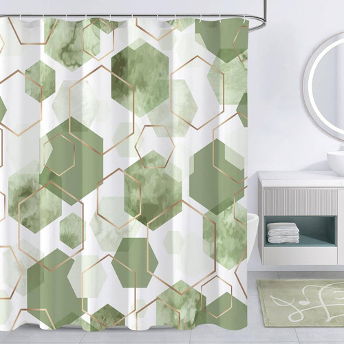 72"W x 78"H Abstract Green White Geometric Polyester Shower Curtain