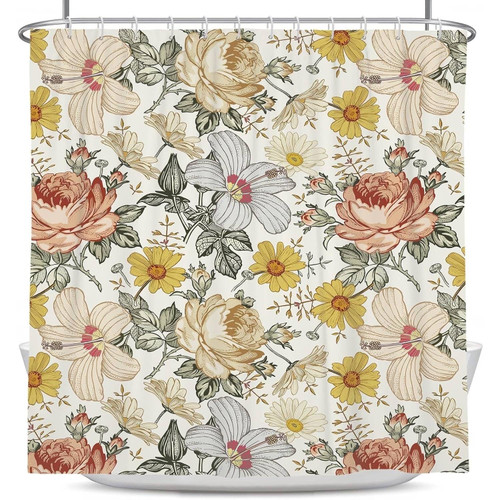 72"W x 72"H Vintage Floral Peony Yellow/Pink Polyester Shower Curtain