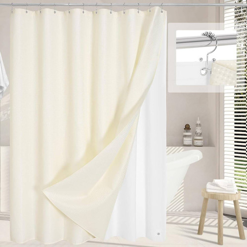 72"W x 84"H Ivory Waffle Textured Shower Curtain Set with Liner