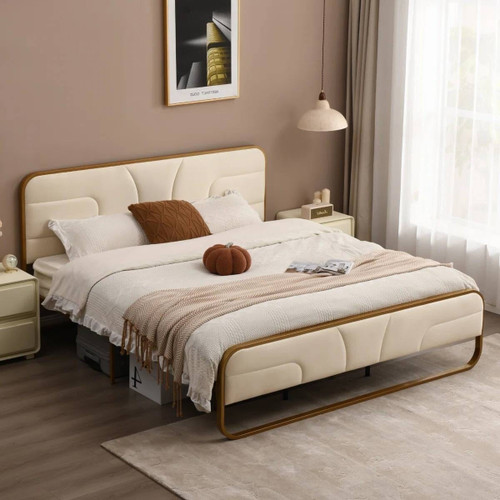 Full size Beige Upholstered Headboard Footboard Platform Bed with Gold Metal Frame