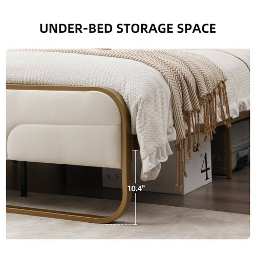 Full size Beige Upholstered Headboard Footboard Platform Bed with Gold Metal Frame